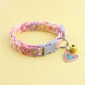 Pink lace cat collar with colorful embroidered flowers, heart pendant and golden bell - Heart Pendant/Metal Bell / Pink Heart