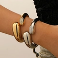 Close-up of stacked gold and silver hammered bangles with pavé rhinestones on model - Rhinestone Water Drop Open Bangle (A-822+A-823) / 2 Pieces/Set (Gold + Silver) / Multicolor