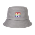 Close-up of rainbow square embroidery with LOVE lettering on grey cotton bucket hat - Adjustable / Gray