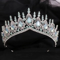 Detail of silver bridal tiara with sparkling rhinestones and light blue opals - Silver White Rhinestone + Green Opal