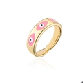 Close-up of gold-plated evil eye ring with pink enamel detail and adjustable open band - Adjustable Open / Pink