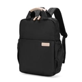 Zaino porta PC nero minimalista con manici marrone chiaro e tasche laterali in vista a 45 gradi - Grande / Nero