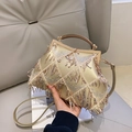 Elegante borsa da sera oro champagne con paillettes, nappe e manico in metallo - Oro