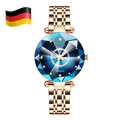 Women's rose gold watch with deep blue starry glass dial and crystal hour markers - Royal Blue Dial (Rose Gold Steel Strap)