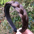Cerchietto a treccia sfumato marrone scuro con denti antiscivolo per capelli folti - Spesso Grande 3,5 cm / Cuoio