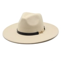 Classic beige wool fedora hat with a wide flat brim and decorative black leather strap - Adult 56-59cm / Beige