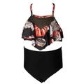 Detail eines High-Waist-Tankinis mit tropischem Blattmuster und Mesh-Einsatz am Hals - Kinder 104 / Oberteil mit Blattmuster und schwarzer Hose