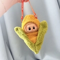 Labubu plush doll in yellow corn costume with red branded strap for vinyl face pendant - Corn Baby Clothes / First And Second Generation Keychains Are Compatible With La Cloth Dolls. Dolls Not Included.