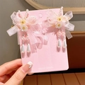 Pink ribbon bow hair clips with flowers and hanging pearl pendants on card - Pink Butterfly Clips