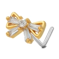 Golden L-shaped nose stud featuring a bow tie design set with sparkling white zircon - Bowknot Style (BD00497) / Gold