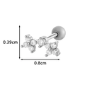 Silver stainless steel ear stud with clear zircon and dimensions showing 0.39cm and 0.8cm - Triple Small Flower Style (024-6# Silver)