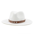 Close-up of white straw fedora featuring brown leather band with silver rivets and metal accents - M (56-58cm) / White