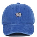 Close-up of elephant embroidery on blue washed cotton baseball cap with vintage texture - Adjustable / Sapphire Blue