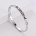 Silver titanium steel bangle with double row zircons and pyramid rivet accents - Steel