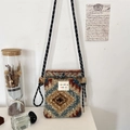 Detail of plush fleece mini crossbody bag with ethnic jacquard and adjustable rope strap - Multi-color Plaid