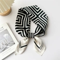Elegant black and white geometric pattern silk scarf with a modern striped design - Beige Black Geometric Maze