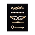 Detailed macro view of 5-piece golden alloy watch band decorative rings with rhinestones - D3018 Wings/Key Set 8