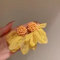 Detailed close-up of yellow and orange organza flower earrings with handcrafted bead clusters - Beaded Organza Flower Style (3#)