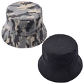Two-pack camo and solid black cotton bucket hats with flat top and stitched brim - One Size(Adjustable) / Camouflage (Reversible)