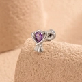 Silver heart stud earring with purple teardrop zircon and textured bouquet design - Single Piece / Purple