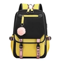 Detailed view of the yellow and black backpack featuring sport straps and a pink pom pom - Yellow