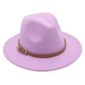 Detail of lavender wool fedora with brown faux leather band and gold metal buckle detail - M (56-58cm) / Taro Purple (Heart Buckle Belt)