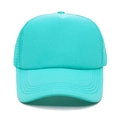 Detailed close-up of turquoise mesh trucker hat with breathable nylon net and curved brim - Lake Blue