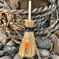 Mini wicca witch broom charm with orange crystal and silver pentagram star pendant - Pentagram with Orange Crystal
