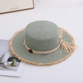Close-up of sage green straw hat featuring delicate shells and fringe beach details - M(56-58cm) / Green