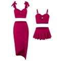 Three-piece rose red bikini set with hollow-out top and high-slit long skirt for women - S / Parent-Child Set / Scarlet