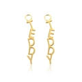 Detail of gold Teddy letter drop earrings with polished finish and vertical typography - Model L [TEDDY Letters]