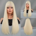 Long straight grey blonde wig with bangs showing front, side, and back views - 68CM / Light Golden Yellow