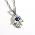 Silver Hamsa Hand necklace with blue evil eye pendant and sparkling rhinestones - With Necklace / Steel Blue