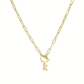 Gold paperclip chain necklace with OT toggle clasp and initial K letter pendant - Letter K