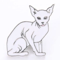 Detail view of a sitting white hairless cat enamel pin with silver metal outlines - White Siamese Cat