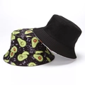 Detail of black and avocado pattern reversible bucket hats with cartoon embroidery - Smile Avocado