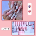 Detail of long coffin press-on nails featuring pink gradient and 3D floral relief designs - 24Pcs Set (Incl. Jelly Glue + File) / Pink Gradient 3D Floral Style (LF472)