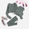 Three-piece yoga set with long sleeve top, halter vest, and high-waist leggings in sage green - S / Dark Gray