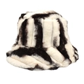 Close-up of black and white striped faux fur bucket hat showing soft plush winter texture - M (56-58cm) / Coffee