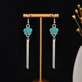 Bohemian silver drop earrings with turquoise enamel flowers and long tassels - Silver Blue (E1141-16)