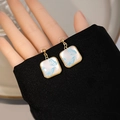 Elegant gold square stud earrings with enamel cream base and blue butterfly detail - E4963-9 Gold Blue Butterfly Square