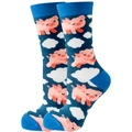Navy blue mid-calf casual socks with pink pig and white cloud patterns - Size 35-42 / Pig