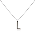 Detail of silver stainless steel letter L pendant necklace with black inlay on white background - Letter L