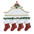 Customized resin Christmas fireplace ornament with four red glitter stockings for family decor - Family of 4 - Hand Painted