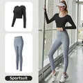 Damen Sportset mit schwarzem Langarmshirt und nebelblauer High Waist Yoga-Leggings - S / Oberteil Und Unterteil / Sternenschwarz + Grauseeblau
