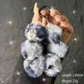 Detail view of multi-color plush pompom keychain with pearls and black clip 130mm long - Black Leopard