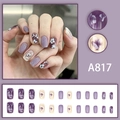 Short square press-on nails in taro purple and beige with hand-painted floral designs - Purple Flower Painted Style (A817)