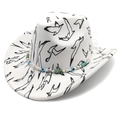 Detail of white fedora with bird print, evil eye beads, and a silver shell pendant - M (56-58cm) / Fedora Top White