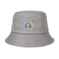 Cappello a secchiello grigio in cotone con ricamo gallo colorato e falda impunturata - Grigio