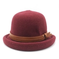 Vintage burgundy knit cloche hat for women with a decorative brown leather buckle strap - M (56-58cm) / Burgundy